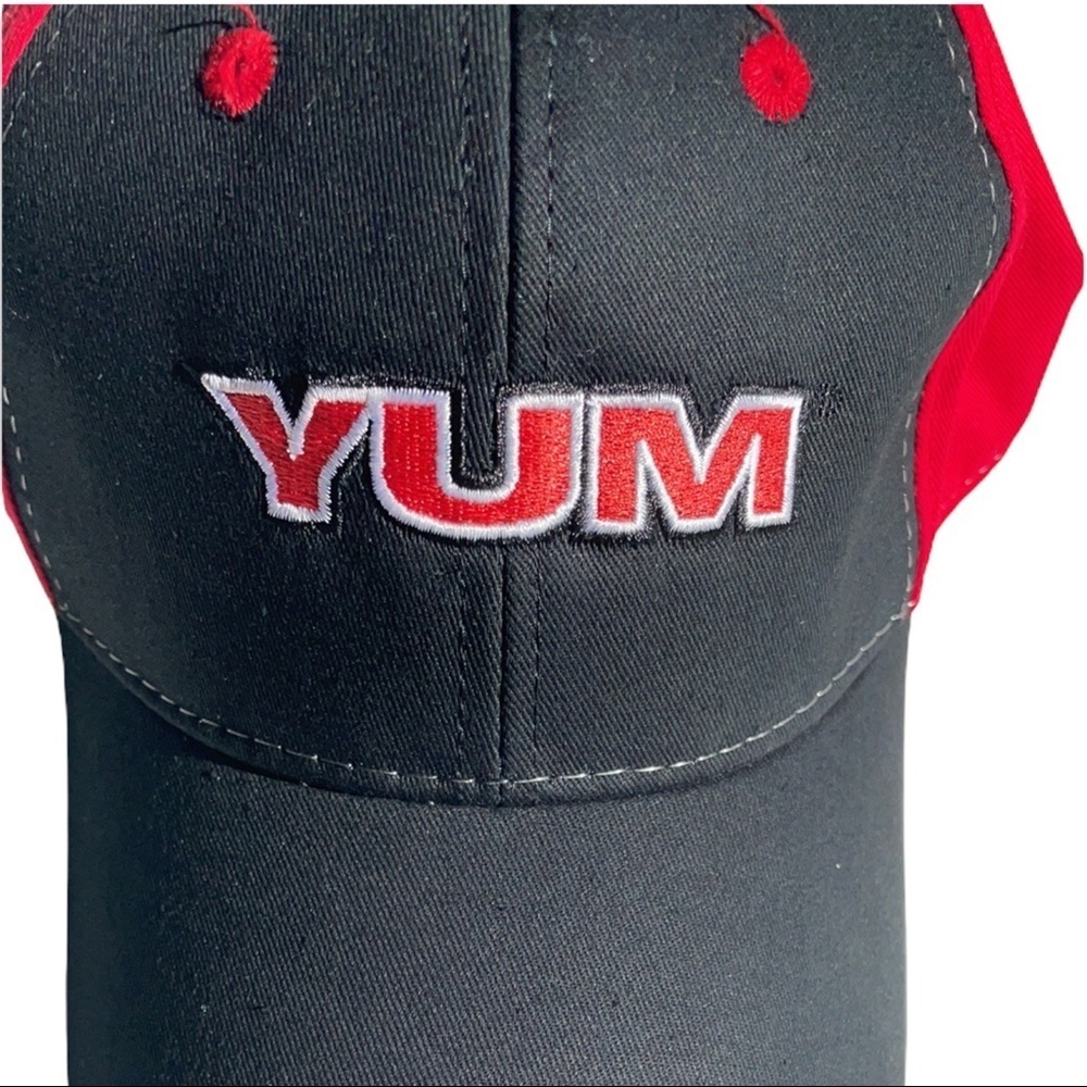 YUM Embroidered Red and Black baseball cap hat. Unisex style One size fits most.